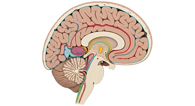 Anatomical medical illustration of a human brain sagittal section showing the cerebral cortex, cerebellum, brainstem, and corpus callosum.