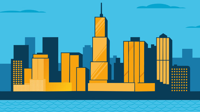 Cartoon cityscape with skyscrapers and blue sky