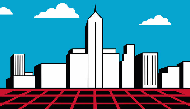 Stylized daytime cityscape with white buildings and a geometric grid