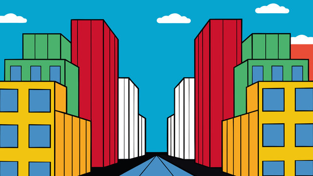 Colorful urban skyline with high-rise buildings under a bright sky