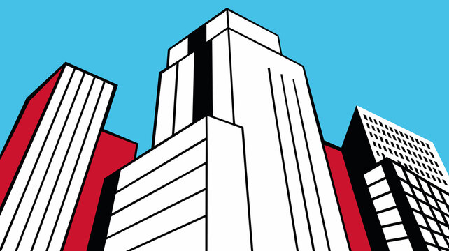 Looking up at skyscrapers in the city against a vibrant blue sky