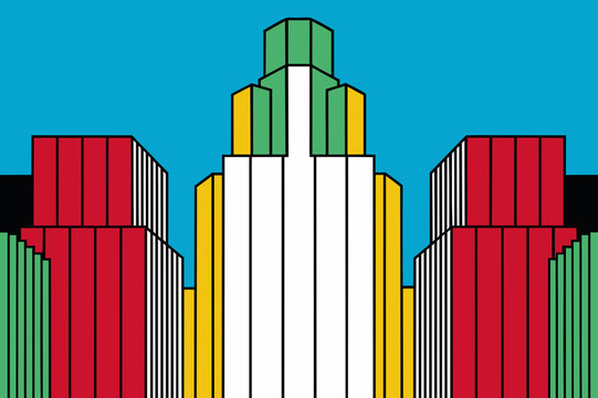 Colorful abstract cityscape with vibrant buildings