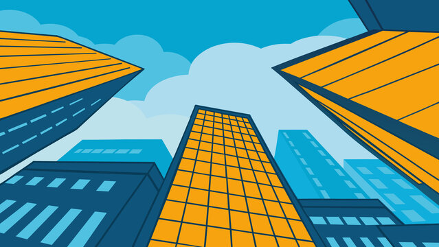 Looking up at city skyscrapers and urban buildings during daytime