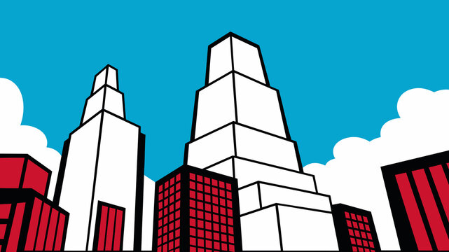 Cartoon city skyscrapers under a blue sky