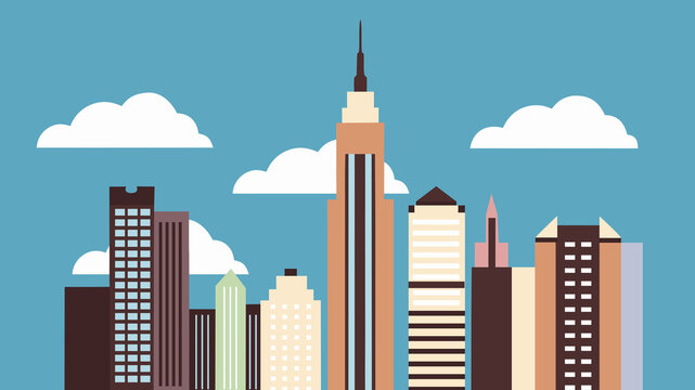 Daytime cityscape illustration of skyscrapers and clouds