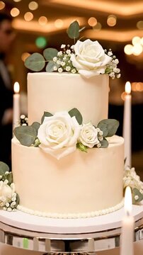 Elegant white wedding cake with floral decorations and candlelit ambiance for special celebration perfect for weddings and