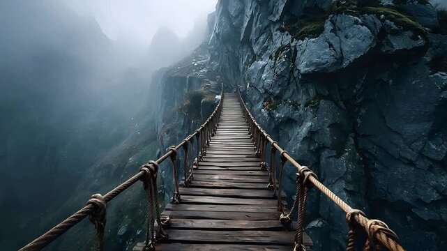 Dangerous wooden rope bridge suspended between two steep misty cliffs surrounded by fog, evoking a sense of adventure, risk and landscape.