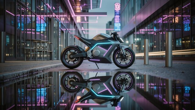 Futuristic electric motorcycle reflecting neon-lit urban skyline