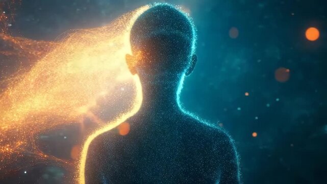 Swirling data forms a human silhouette in a cosmic scene