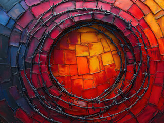 Close-up of barbed wire arranged in an intricate circular formation