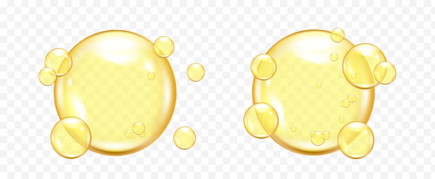 Set of golden, yellow vitamins oil drops, skincare cream or gel collagen bubbles. Realistic bubbles vector illustration on transparent background	