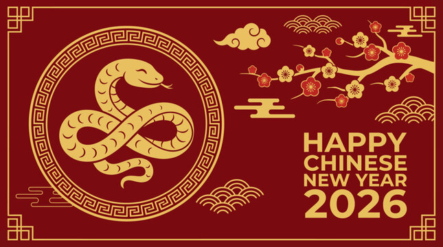 Chinese New Year 2026 celebration with a golden snake emblem on a red and gold background, featuring auspicious motifs, clouds, and festive typography