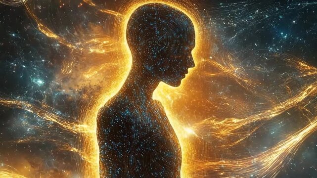 Swirling data forms a human silhouette in a cosmic scene