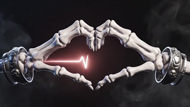 Skeleton Hands Forming Heart Shape on Dark Background for Gothic Valentine Concept