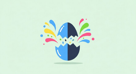 Naklejka premium Blue Easter Egg Hatching with Colorful Paint Splatters on White Background