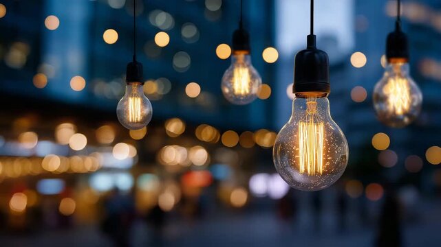 17Close-up of retro decorative tungsten lightbulbs hanging at different heights, warm amber filaments glowing intensely, sparkling circular bokeh lights in the background, textured g
