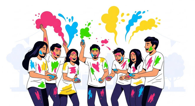 Happy Young People Celebrating Holi Festival with Colorful Powder, Isolated on White Background, Vector Illustration