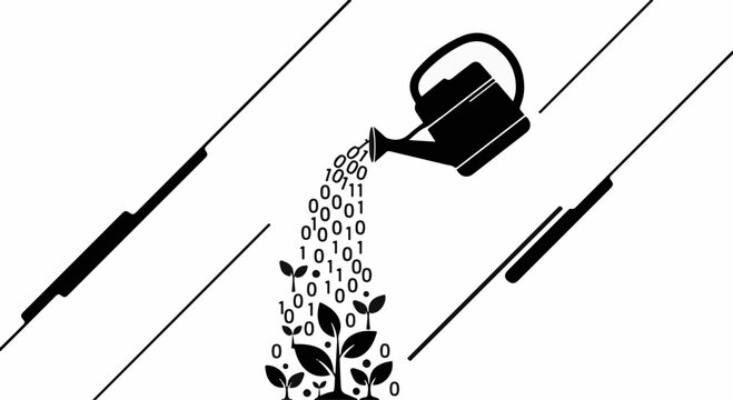 Digital growth concept: watering plant with binary code for innovation and development