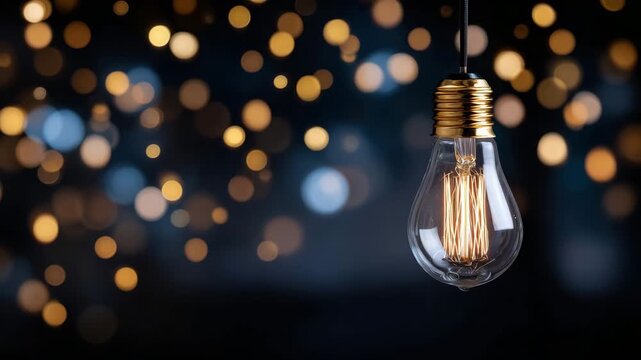 21Macro view of a single vintage Edison lightbulb suspended in a dark studio, tungsten filament burning bright, golden bokeh lights floating behind, dust particles visible in warm li