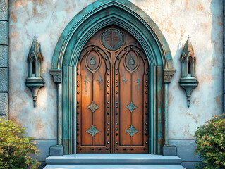 A grand old-world church door with delicate historic craftsmanship