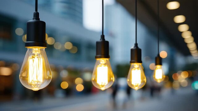 23Row of modern stylish decorative lamps with vintage glass bulbs hanging from black cords, glowing filaments create layered depth, soft defocused background lights, contemporary int