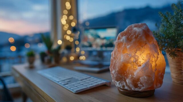 152Close-up of a natural salt lamp on a modern computer desk, warm orange glow contrasting with cool monitor light, keyboard and mouse subtly illuminated, peaceful work-from-home nigh