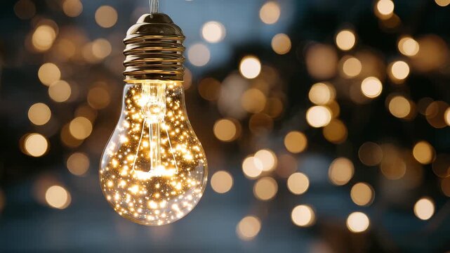 27Extreme close-up of a retro tungsten bulb filament sparkling inside clear textured glass, warm orange glow illuminates micro details, dreamy bokeh lights surround the bulb, shallow