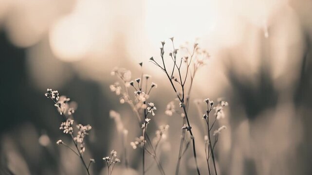 Delicate wildflowers stand silhouetted against a soft, sunlit bokeh background, capturing a peaceful and serene moment in nature with a warm, desaturated color palette