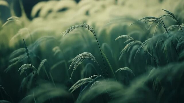 Tall, delicate pampas grass plumes swaying softly against a soft, defocussed background, capturing feelings of tranquility, peace, and natural harmony in a serene landscape