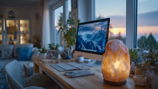 164Modern computer desk setup with a salt lamp as accent lighting, gentle orange glow contrasts with cool blue screen tones, clean organized workspace, evening relaxation and digital