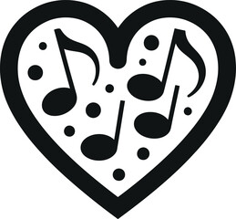 A heart symbol filled with musical notes, representing the love for music in a simple graphic style