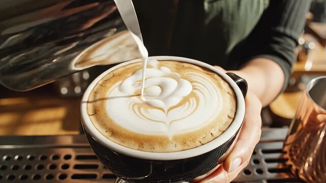 Artistic latte art creation pouring milk foam into a coffee cup, showcasing a detailed floral pattern