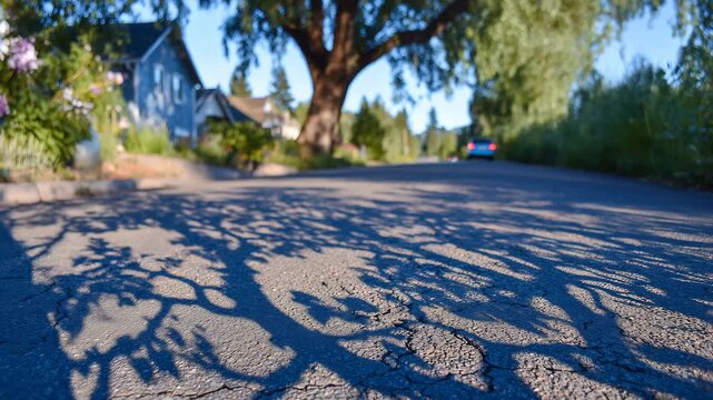 183Artistic close-up of a suburban road&rsquo;s asphalt texture, sunlight creating contrast between light and shadow, organic tree silhouettes fall across the pavement, soft background of g
