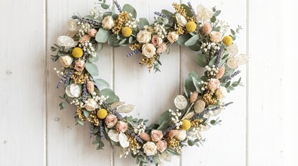 Heart Shaped Floral Wreath with Roses and Eucalyptus on White Wood