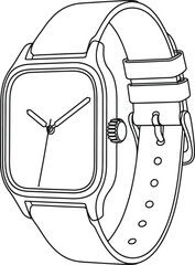 Minimalist black and white line art illustration of a square face wristwatch