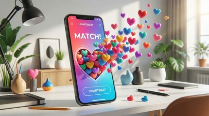Dating App Match with Colorful 3D Hearts Flying from Smartphone