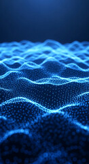 Fototapeta premium Abstract blue wave pattern, glowing particles forming undulating surface, ideal for digital or technology concepts, website background