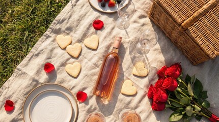 Romantic Picnic with Rose Wine Red Roses and Heart Cookies