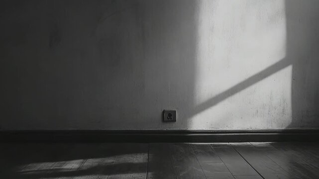 Grey concrete wall featuring a single wall socket and dark wooden floor, with harsh sunlight casting strong shadows from a window, creating a mood of solitude and quiet