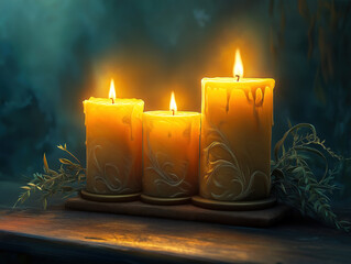 A simple altar holding three flickering candles, signifying unity