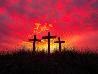Bold silhouettes of three crosses glowing in a sunset horizon