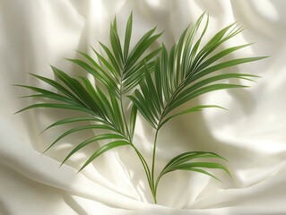 Traditional palm leaves artistically arranged on a fresh white linen cloth