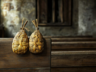 A weathered wooden church pew with woven palm crosses placed in quiet devotion