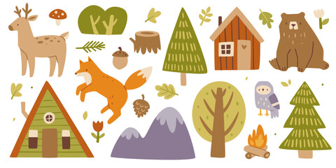Woodland doodle set. Cartoon forest cozy collection. Cute woodland bundle.