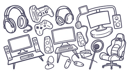 Collection of gaming equipment doodles including computers controllers and headphones hand-drawn vector illustration for esports and technology concepts © Tanzeel