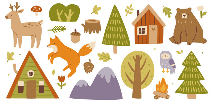 Woodland doodle set. Cartoon forest cozy collection. Cute woodland bundle.