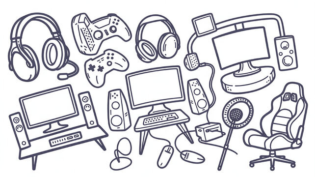 Collection of gaming equipment doodles including computers controllers and headphones hand-drawn vector illustration for esports and technology concepts