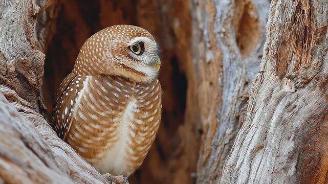 Nestled in the warm embrace of a tree hollow, this enchanting three spotted owlet peers out with wide, curious eyes. Its adorable features and lively spirit highlight the beauty of wildlife