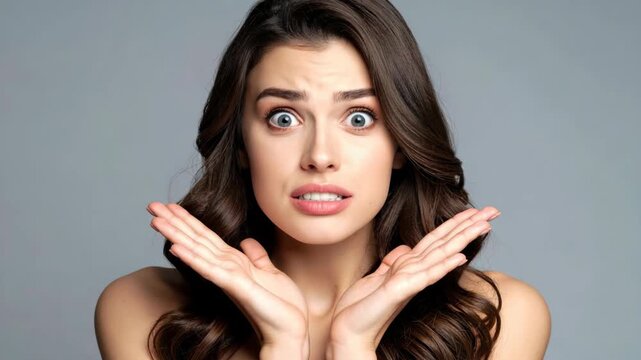 Woman with confused expression and hands raised in question gesture on gray background