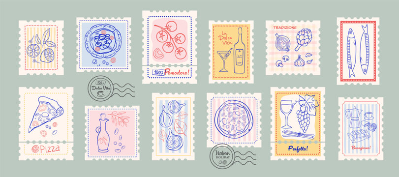 Italian food stamp set. Summer holiday hand drawn doodle vintage postage emblem. Post label vector illustration.